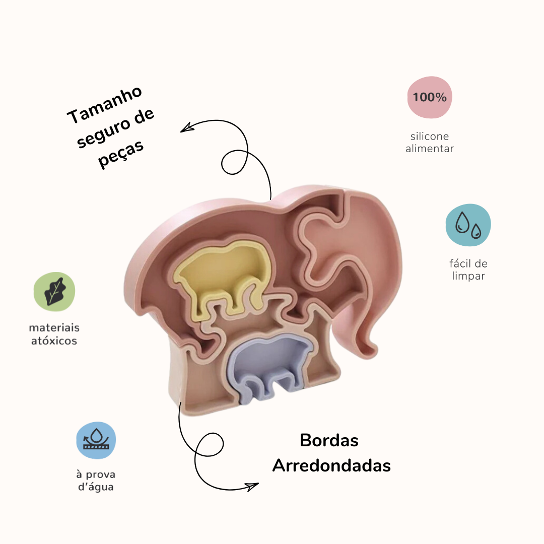 Imagem mostra animais safari em blocos encaixados de silicone de cores variadas.Contem informações sobre o produto.