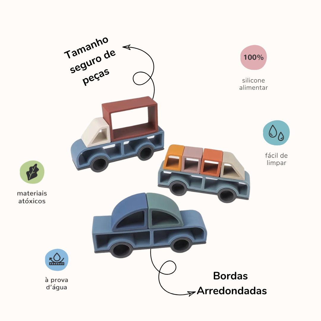 Quebra-cabeça com peças coloridas 3D em silicone que montadas formam 3 carros. A imagem contem informações sobre o produto.