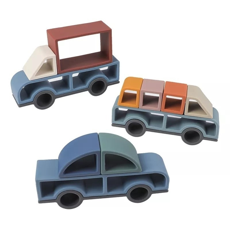 Quebra-cabeça com peças coloridas 3D em silicone que montadas formam 3 carros.