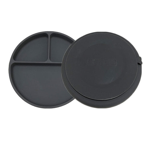 Prato de silicone com duas divisorias na vertical e uma divisoria na horizontal na cor chumbo.