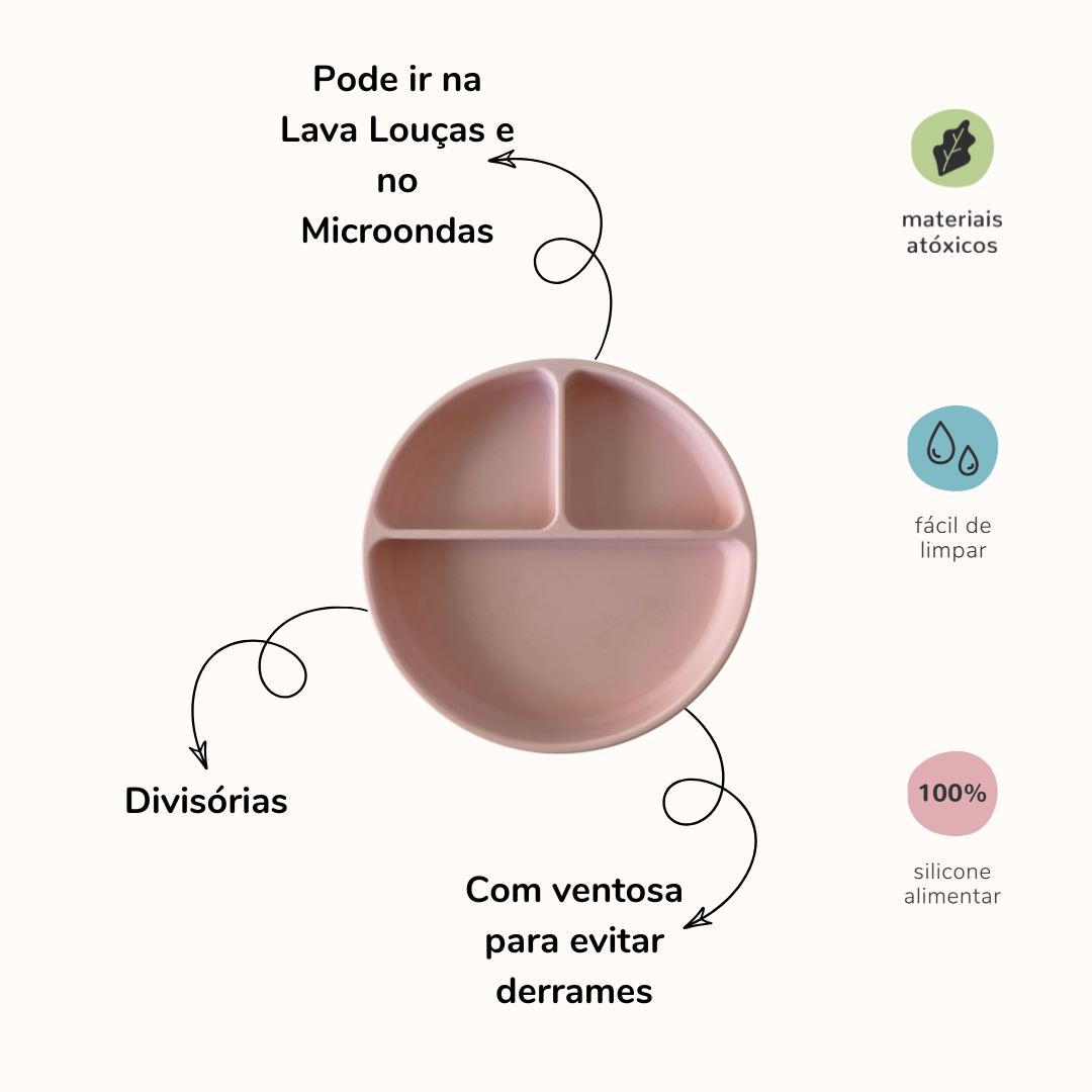 Prato de silicone com duas divisorias na vertical e uma divisoria na horizontal na cor rosa bebê. A imagem contém informações sobre o produto.