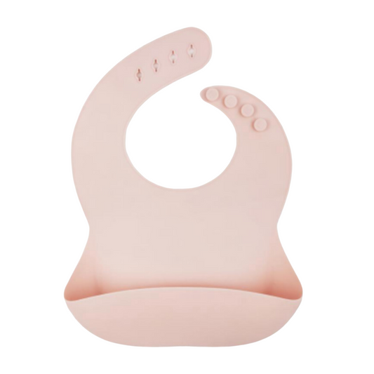 Babador de silicone com bolso cata migalha na cor rosa bebê.