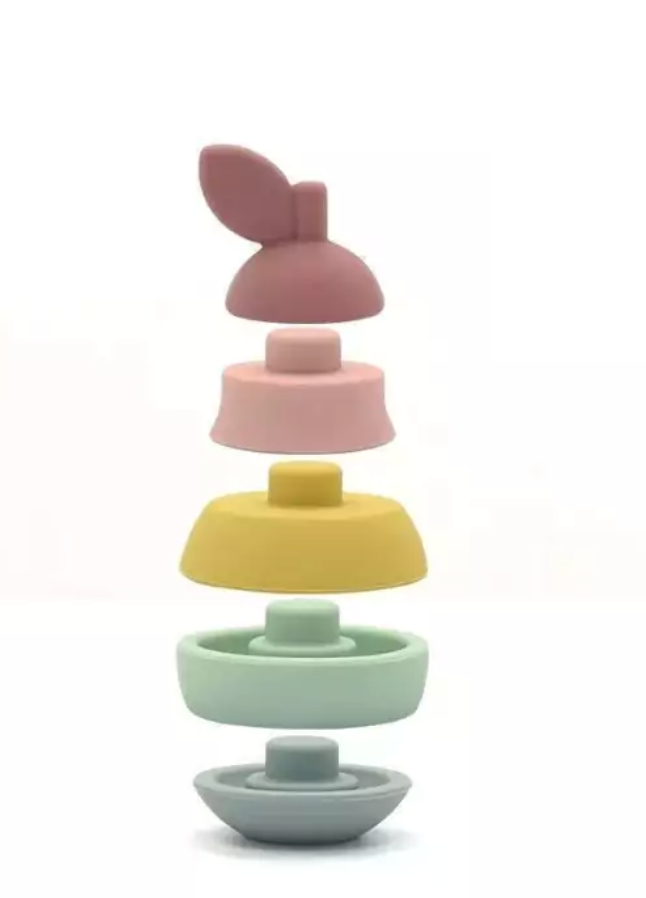 Blocos de encaixe em formato de pera em silicone colorido. Imagem ilustra a pera desmontada