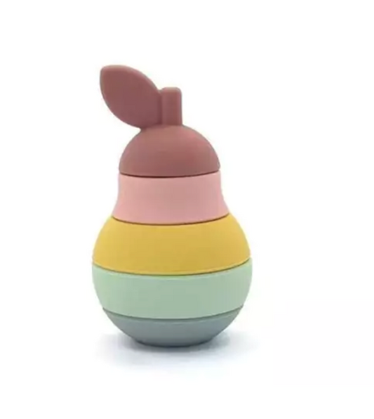 Blocos de encaixe em formato de pera em silicone colorido.