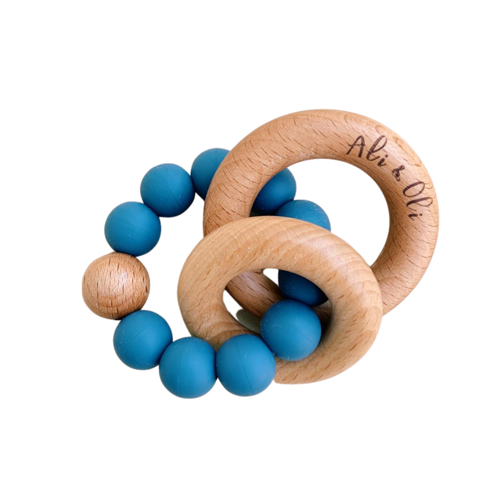Chocalho Duo Madeira e Silicone Ali & Oli - Azul