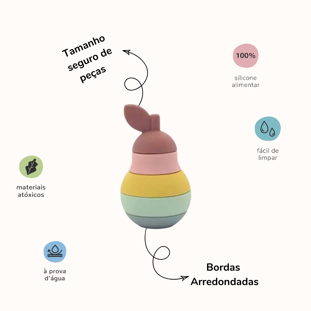 Blocos de encaixe em formato de pera em silicone colorido. Imagem ilustra descricão produto