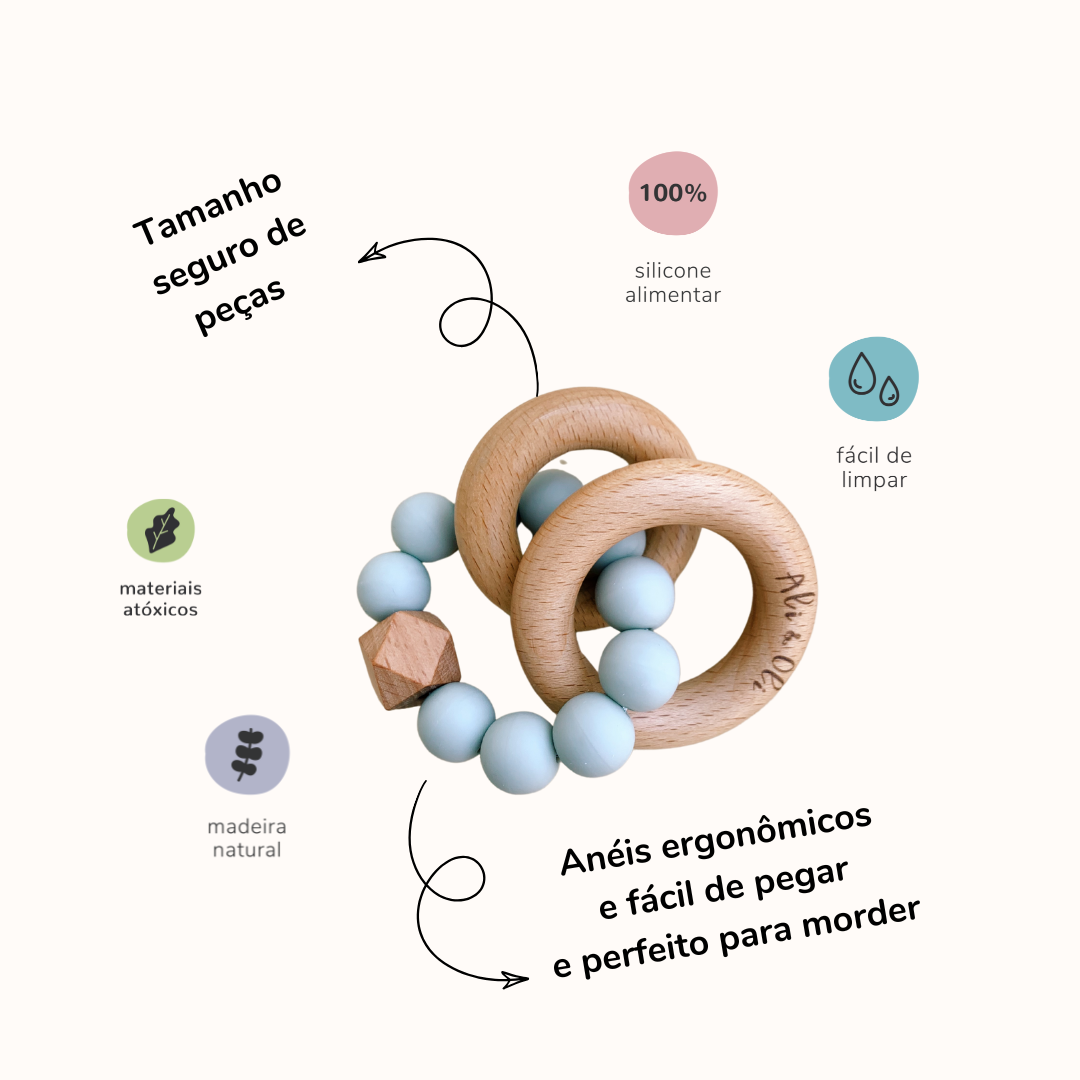 Imagem contem modedor-chocalho na cor azul com imagens com informações sobre o produto.